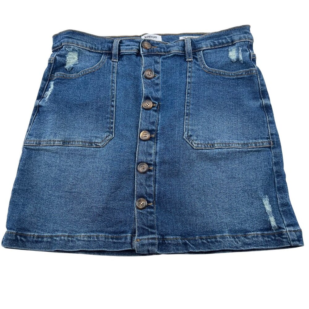Kensie Jeans Women's High Rise Distressed Denim Skirt Blue Front Button‎ Closure